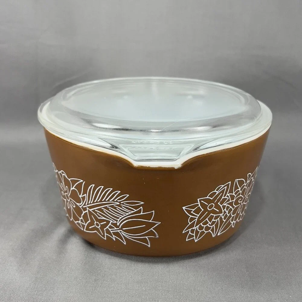 Vintage Pyrex #473B 1L Woodland Baking Casserole Dish Bowl Lid Brown 70s